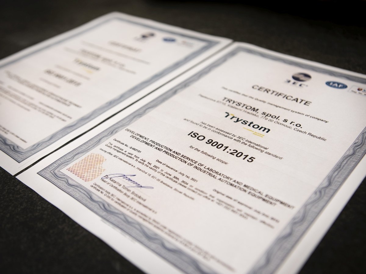 Certifikát ISO 9001:2015 společnosti TRYSTOM Certifikát ISO 9001:2015 společnosti TRYSTOM